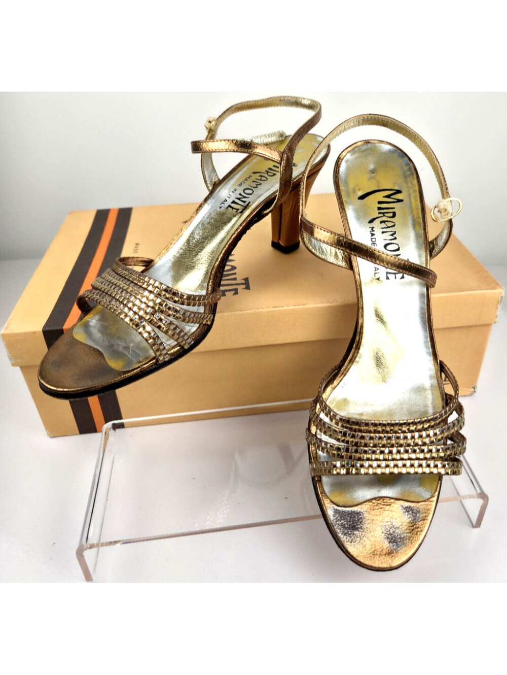 Vintage Miramonte Bronze Metallic Heels Italy Strappy Sandals Sz 5.5 M w/ Box